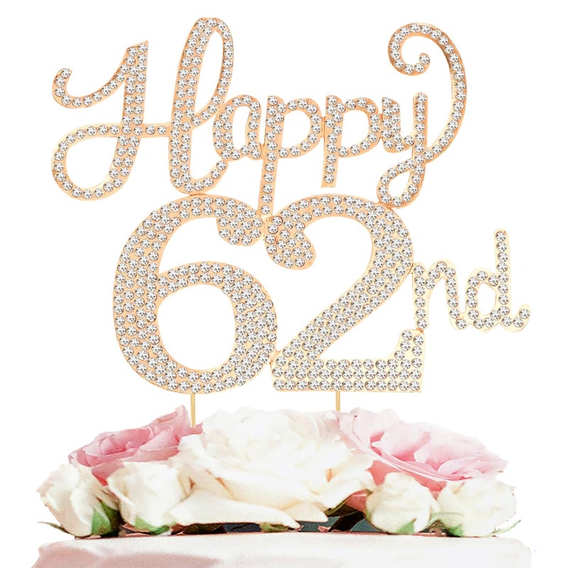 LASKYER Happy 62nd Birthday Decorations,62nd Birthday Gold Rhinestone Cake Topper - Cheers to 62 Years Old Bday Party Metal Sparkly Cake Centerpieces Sign. - Image 1